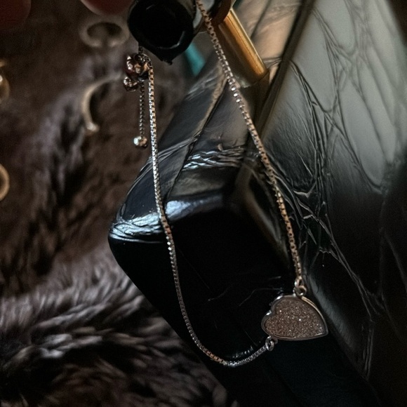 Sterling Silver faux diamonds  bling Heart Pendant box bracelet - Picture 6 of 11